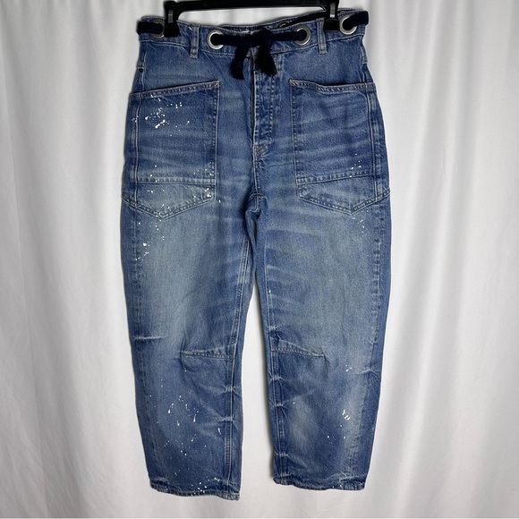 We The Free Moxie Low Slung Pull-on Barrel Jeans 25 Paint Splatter Drawstring - Picture 9 of 16